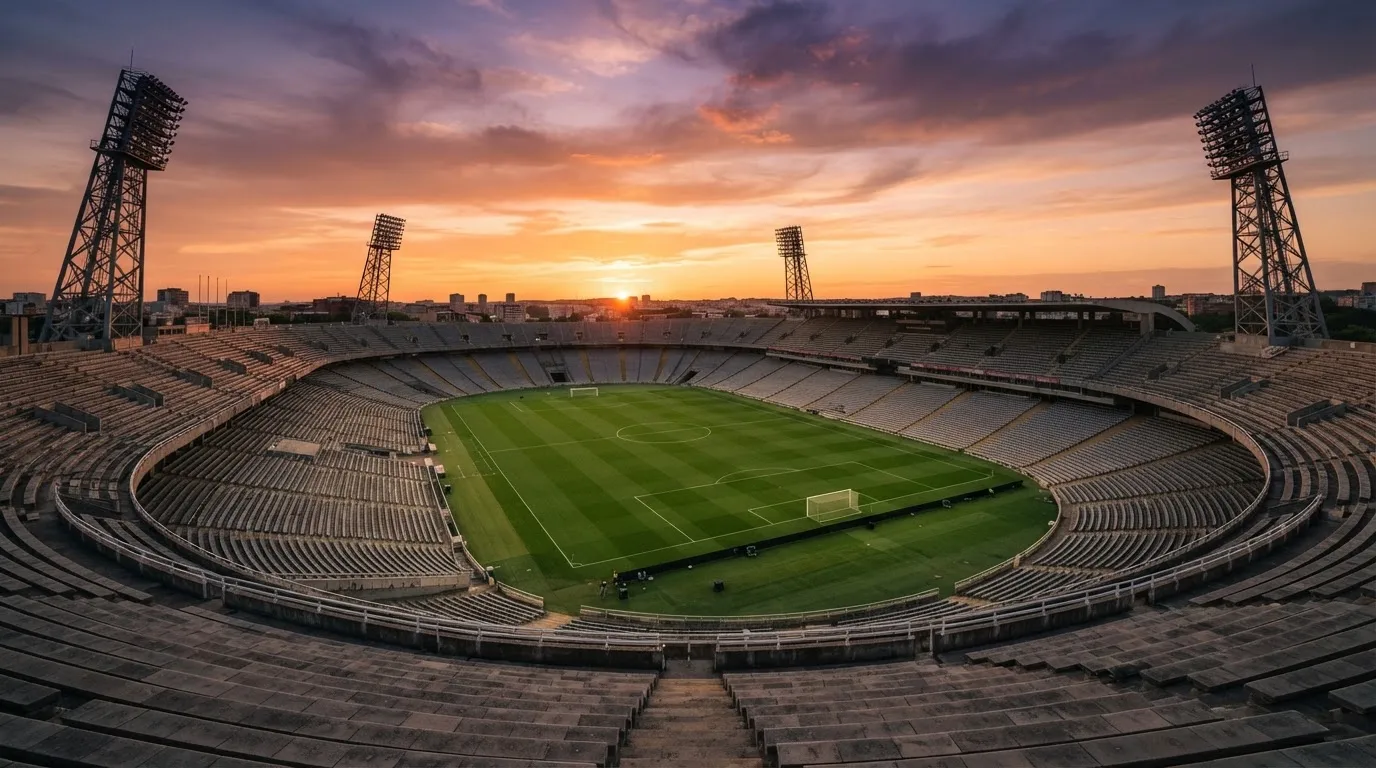 Un estadio de fútbol vacío con torres de iluminación al atardecer