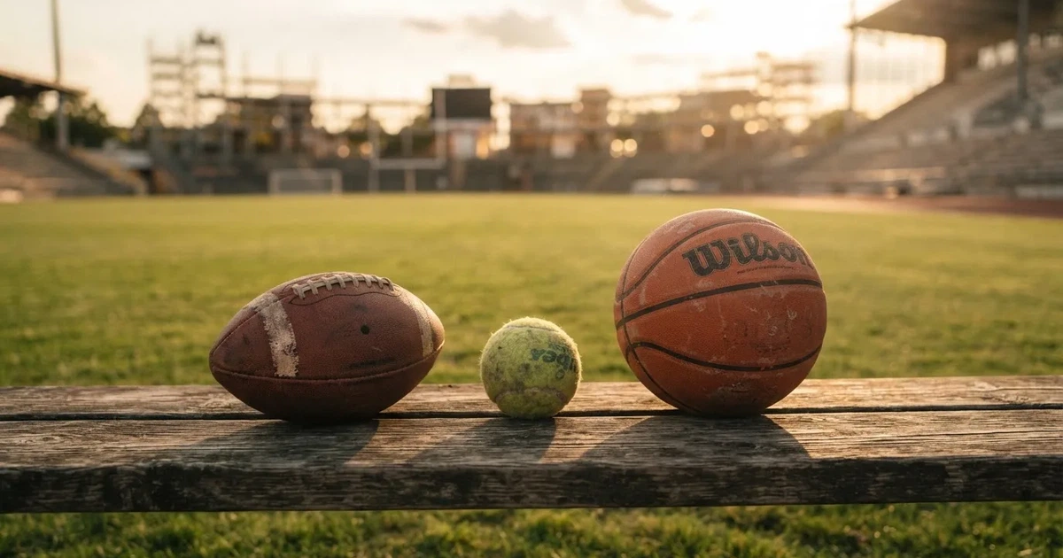 Tres balones de distintos tipos, uno junto a otro, sobre un banco de madera