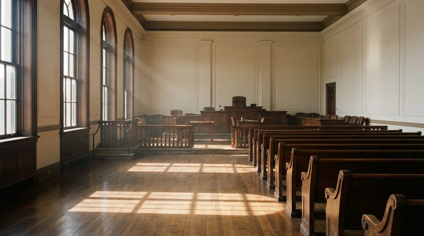 Una sala de tribunal vacía con bancos de madera a la luz de la mañana