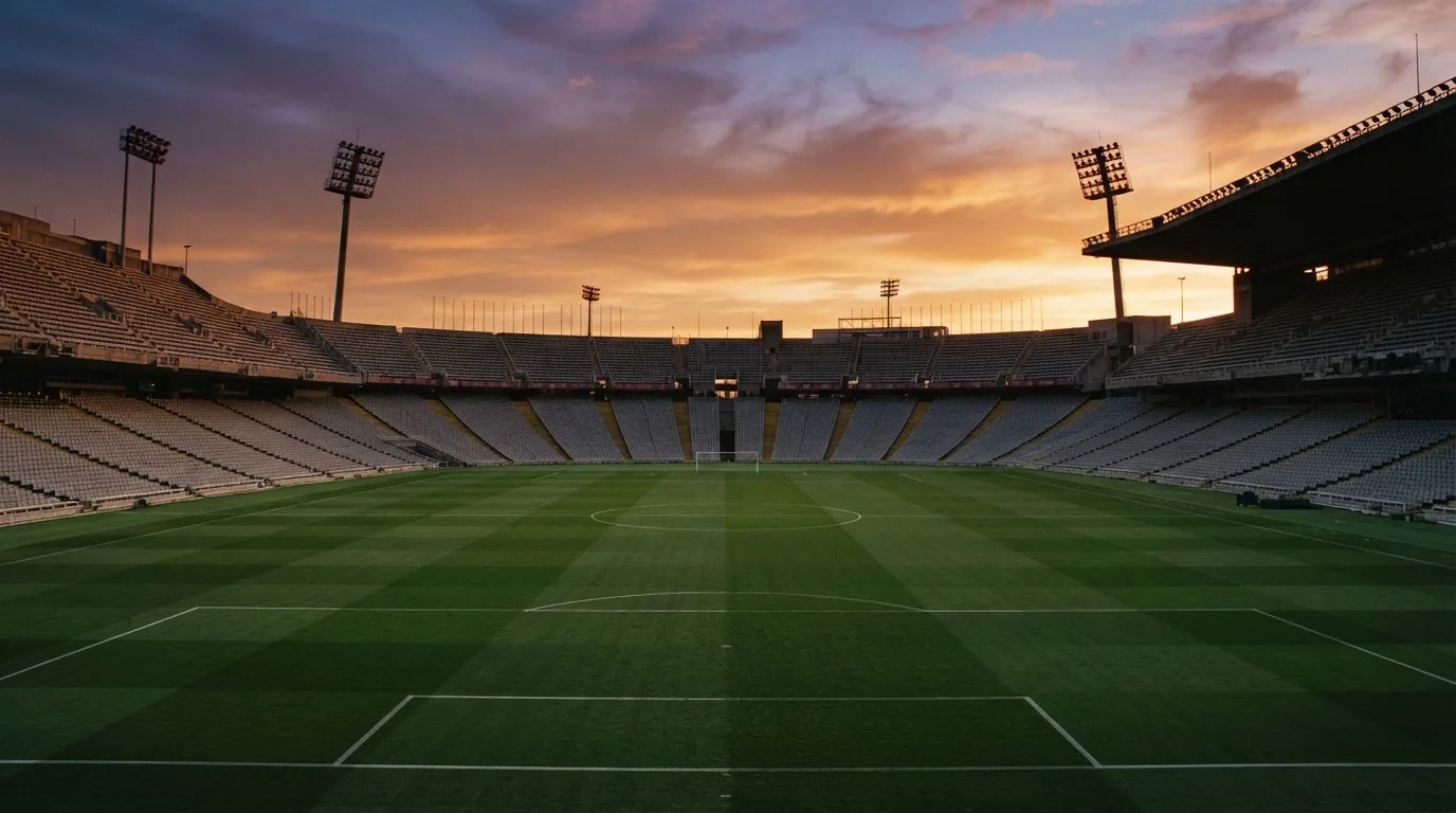 Un estadio de fútbol vacío con torres de iluminación al atardecer