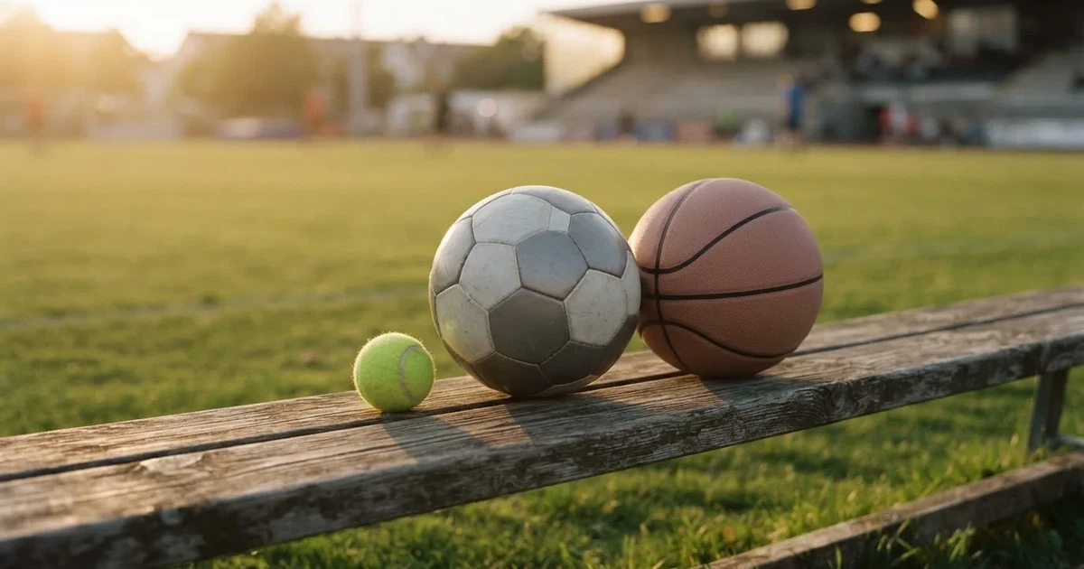Tres balones de distintos tipos, uno junto a otro, sobre un banco de madera
