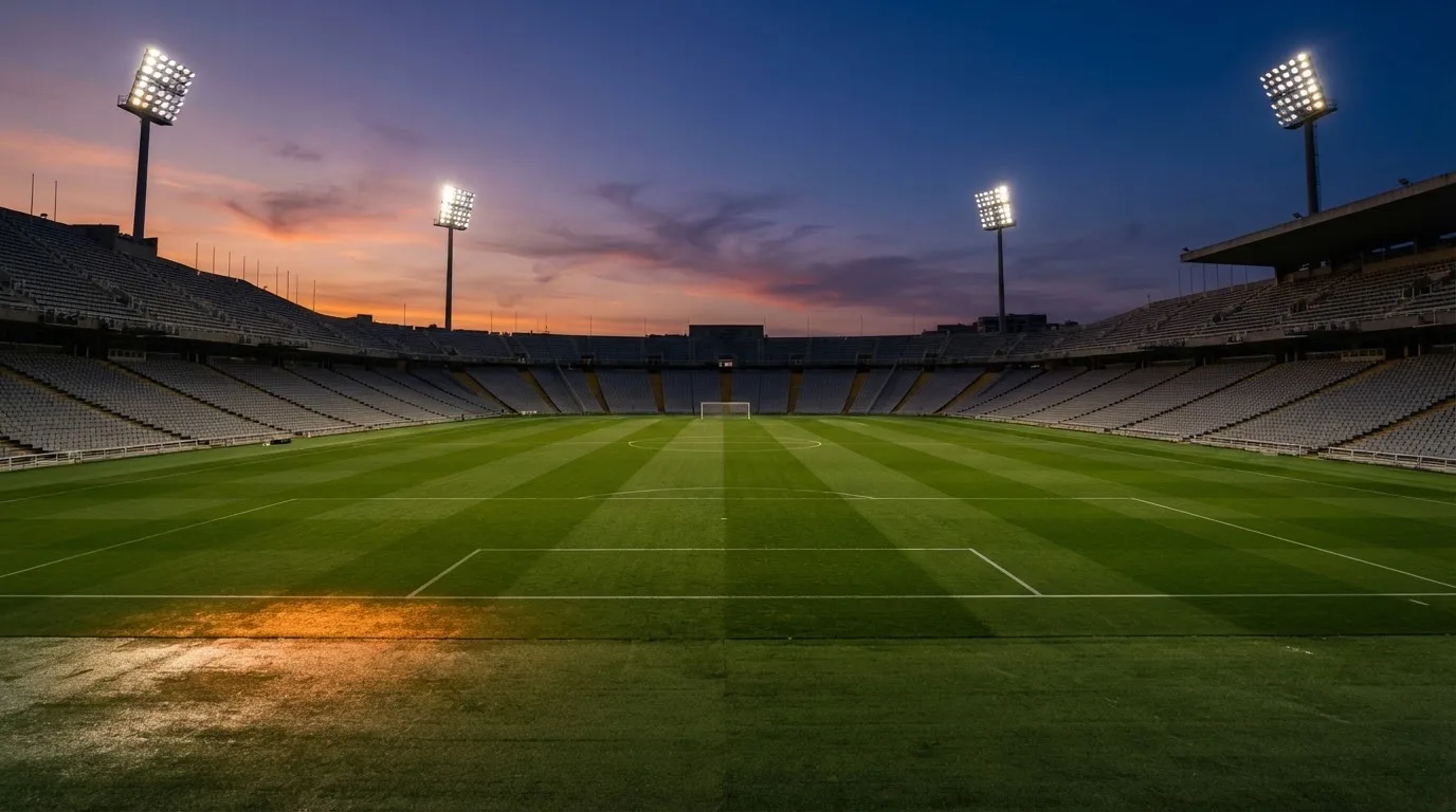 Un estadio de fútbol vacío con torres de iluminación al atardecer