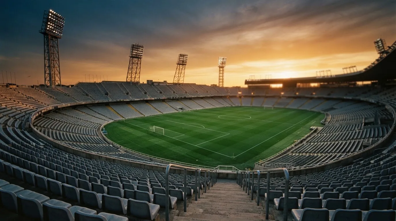 Un estadio de fútbol vacío con torres de iluminación al atardecer