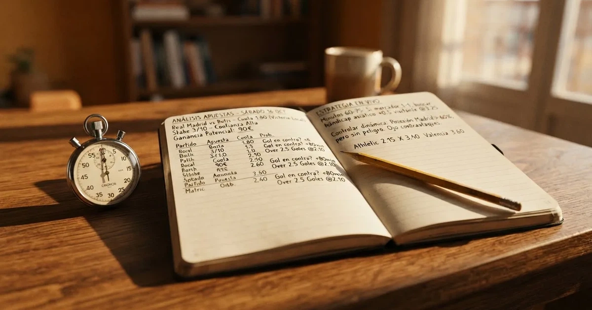 Un cuaderno abierto con un lápiz y un cronómetro sobre una mesa de madera