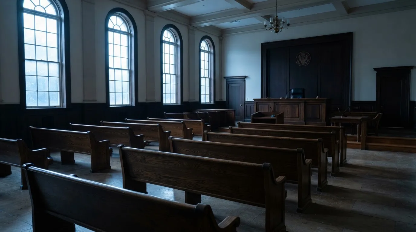 Una sala de tribunal vacía con bancos de madera a la luz de la mañana