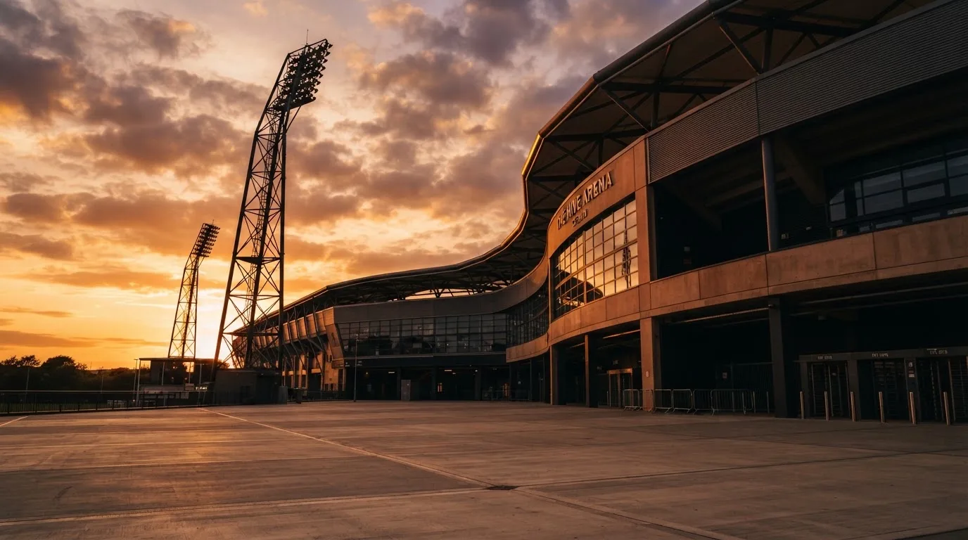 Un estadio de fútbol vacío con torres de iluminación al atardecer