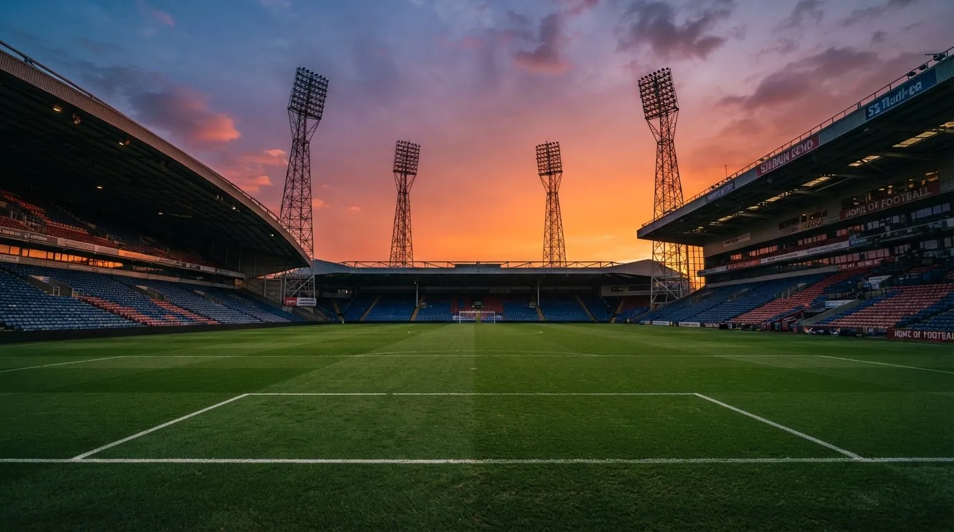 Un estadio de fútbol vacío con torres de iluminación al atardecer