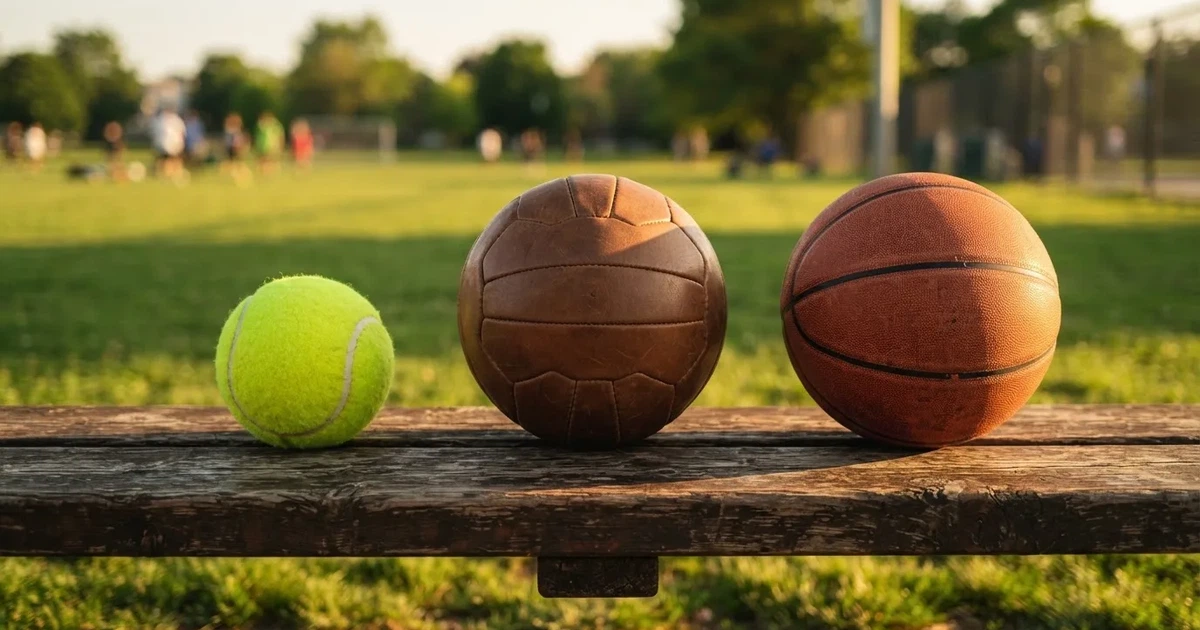 Tres balones de distintos tipos, uno junto a otro, sobre un banco de madera