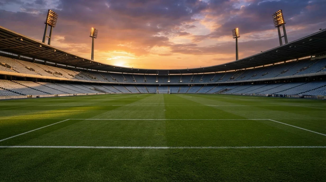 Un estadio de fútbol vacío con torres de iluminación al atardecer