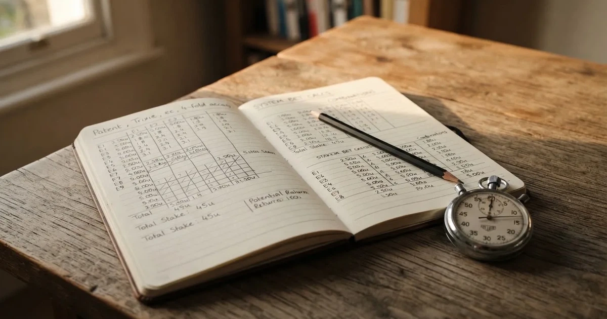 Un cuaderno abierto con un lápiz y un cronómetro sobre una mesa de madera