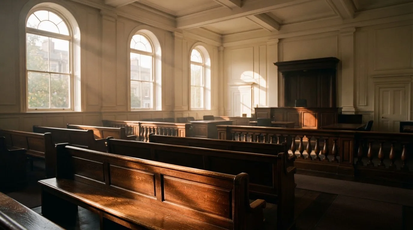Una sala de tribunal vacía con bancos de madera a la luz de la mañana