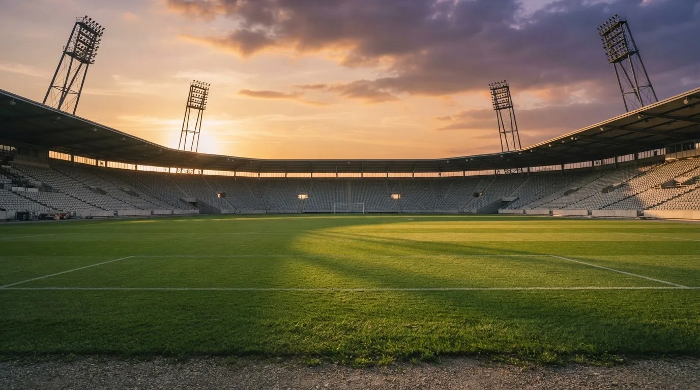 Un estadio de fútbol vacío con torres de iluminación al atardecer
