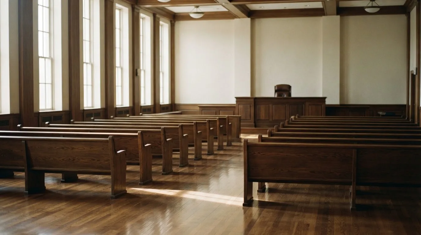 Una sala de tribunal vacía con bancos de madera a la luz de la mañana