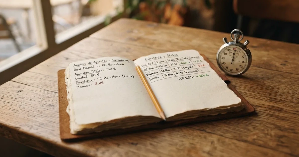 Un cuaderno abierto con un lápiz y un cronómetro sobre una mesa de madera