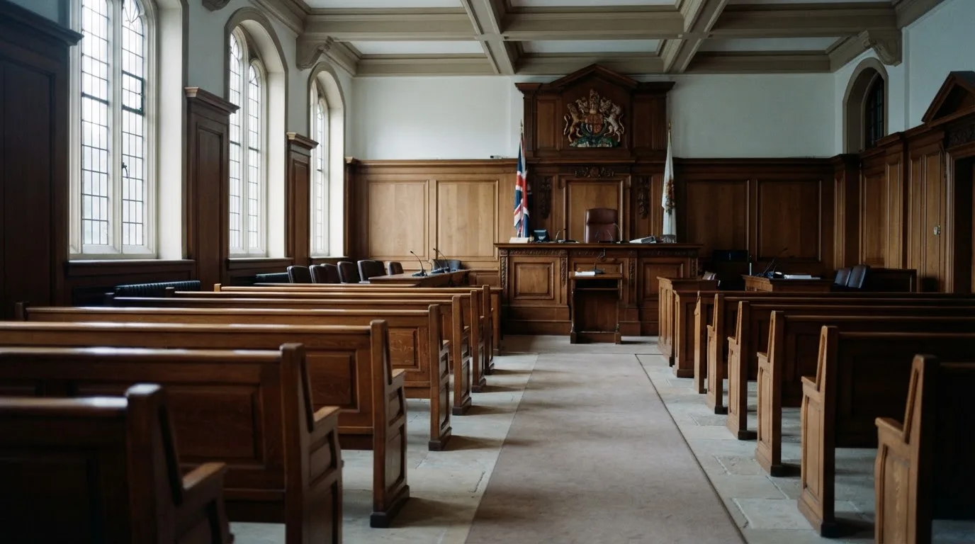 Una sala de tribunal vacía con bancos de madera a la luz de la mañana