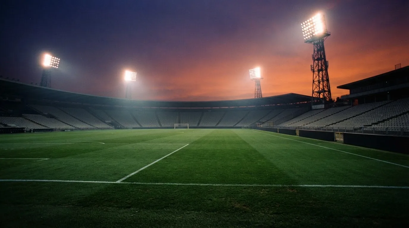 Un estadio de fútbol vacío con torres de iluminación al atardecer