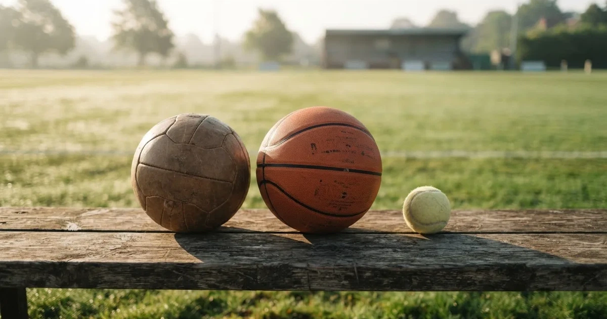 Tres balones de distintos tipos, uno junto a otro, sobre un banco de madera