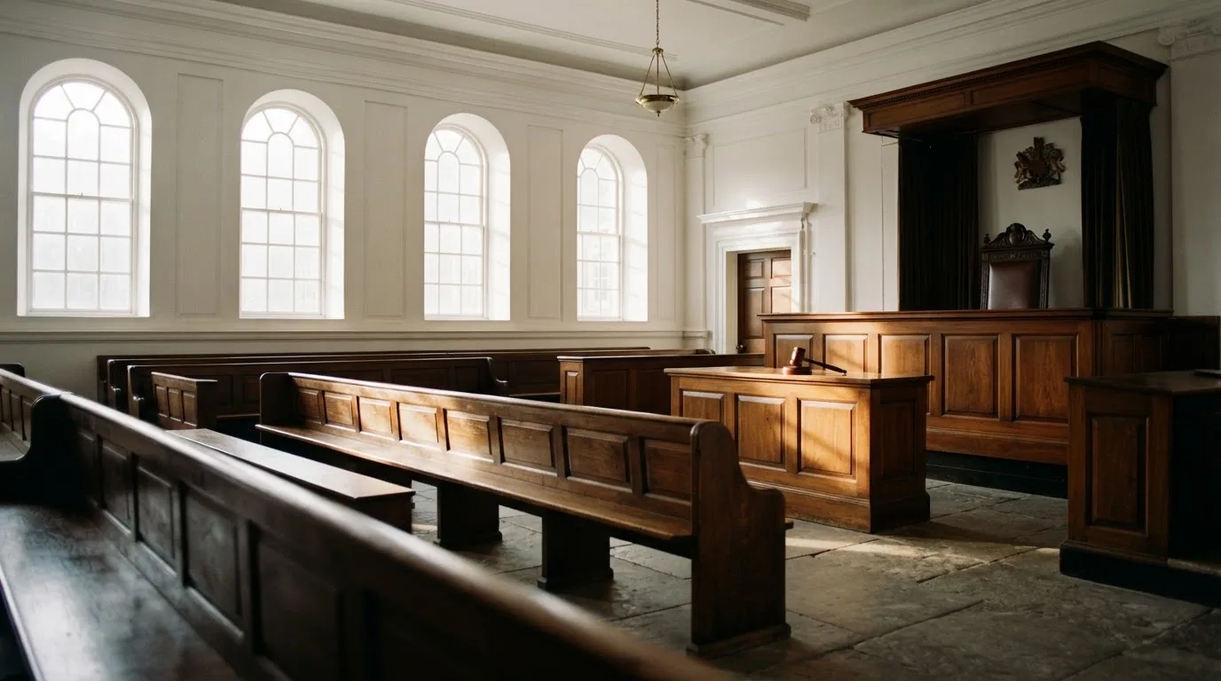 Una sala de tribunal vacía con bancos de madera a la luz de la mañana